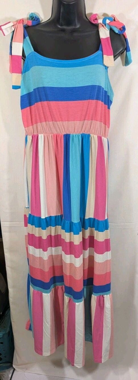 Women's Color block Dress Stripe Tiered Midi Max Shoulder Tie Boho Sundress